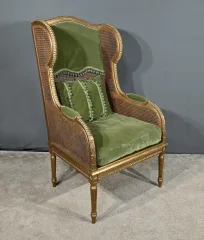 Importante Bergère en Bois Doré et à Oreilles Cannées, style Louis XVI – 1900