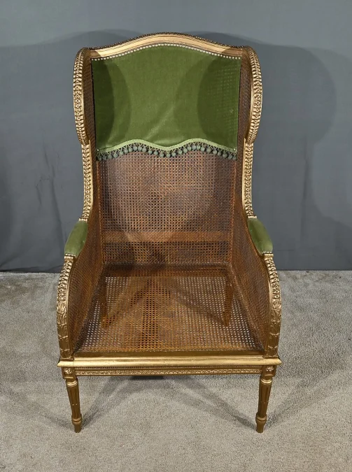 Importante Bergère en Bois Doré et à Oreilles Cannées, style Louis XVI – 1900