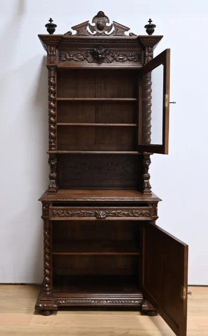 Étroit Meuble Vitrine en Chêne, style Louis XIII – Fin XIXe