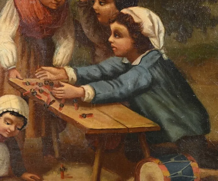 Huile sur Toile « Jeux d’Enfants », École Française du XIXe