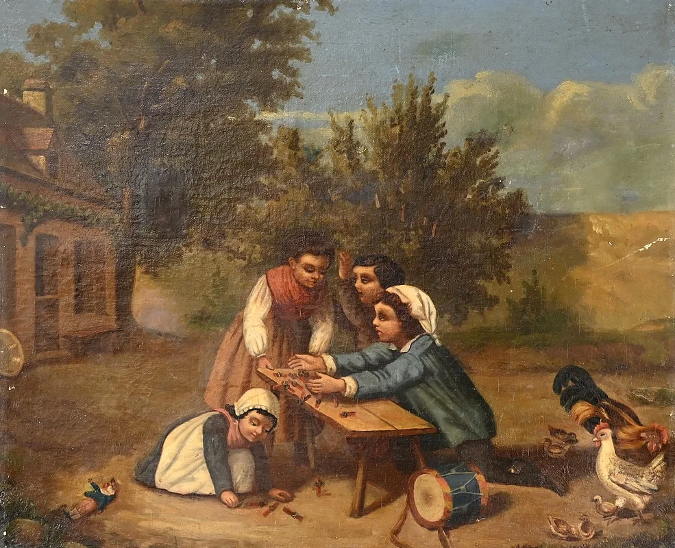 Huile sur Toile « Jeux d’Enfants », École Française du XIXe