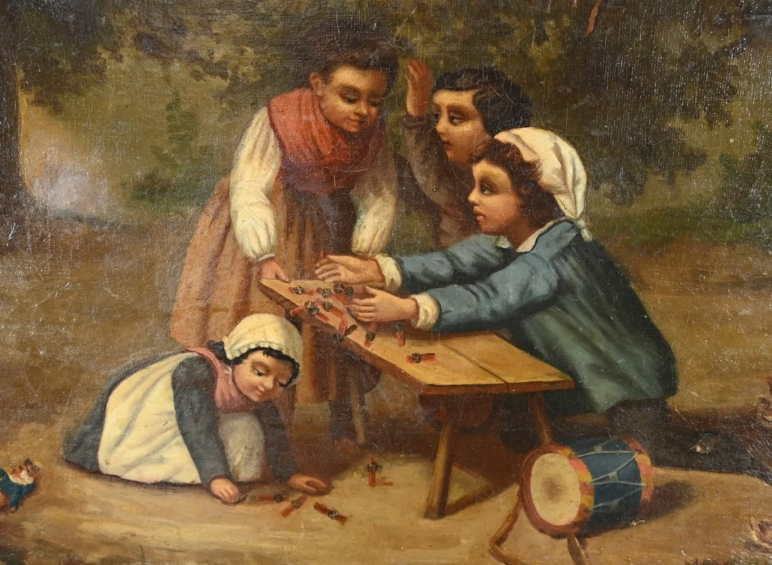 Huile sur Toile « Jeux d’Enfants », École Française du XIXe