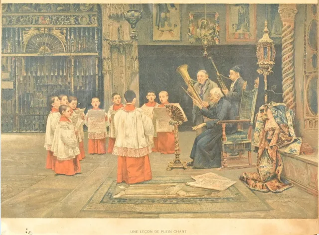 Estampe Titrée « Une Leçon de Plein Chant » d’après J. Gallegos y Arnosa – Début XXe