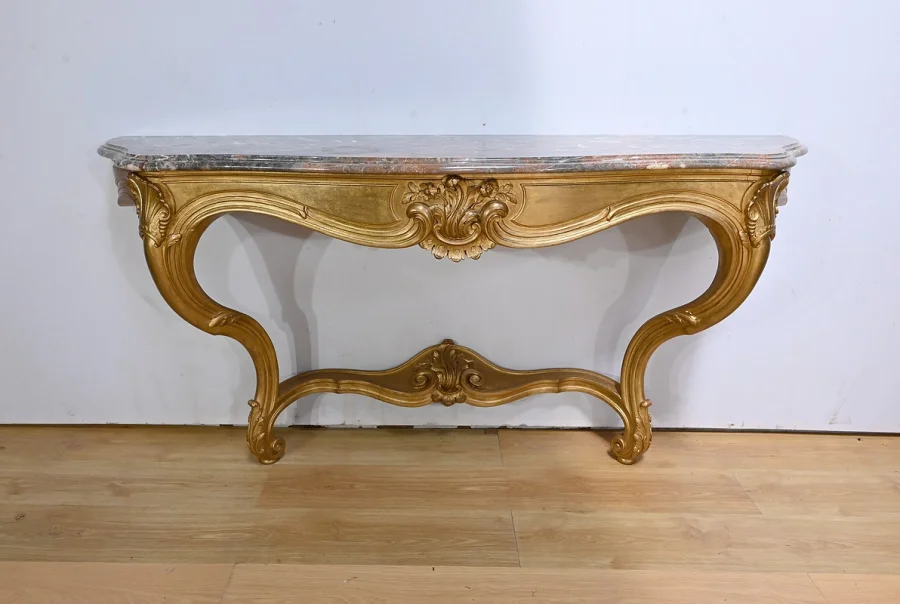 Importante Console d'Applique en Bois Doré, style Louis XV - Début XXe
