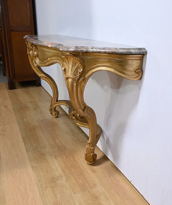 Importante Console d'Applique en Bois Doré, style Louis XV - Début XXe