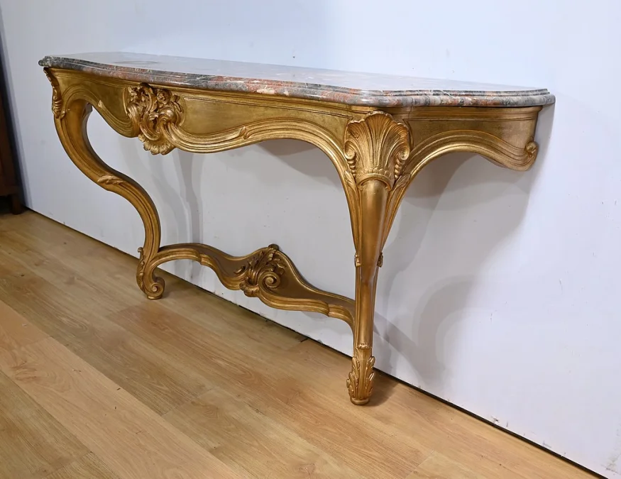 Importante Console d'Applique en Bois Doré, style Louis XV - Début XXe