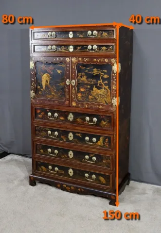 Cabinet Chinois en Bois laqué et Bois peint - Début XXe
