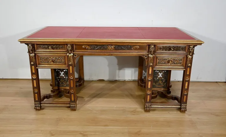 Rares Cabinet de Travail et Bureau en Noyer, Renaissance Italienne - 1900
