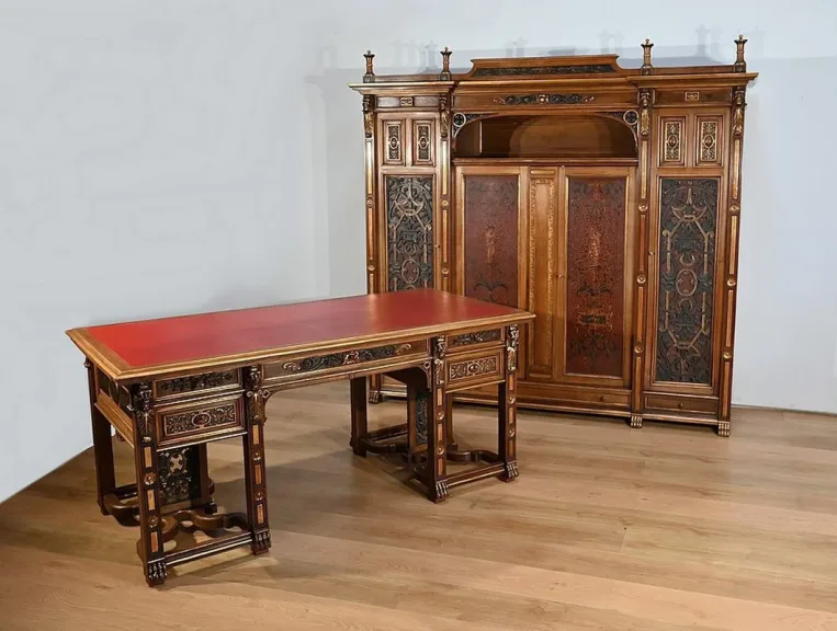 Rares Cabinet de Travail et Bureau en Noyer, Renaissance Italienne - 1900