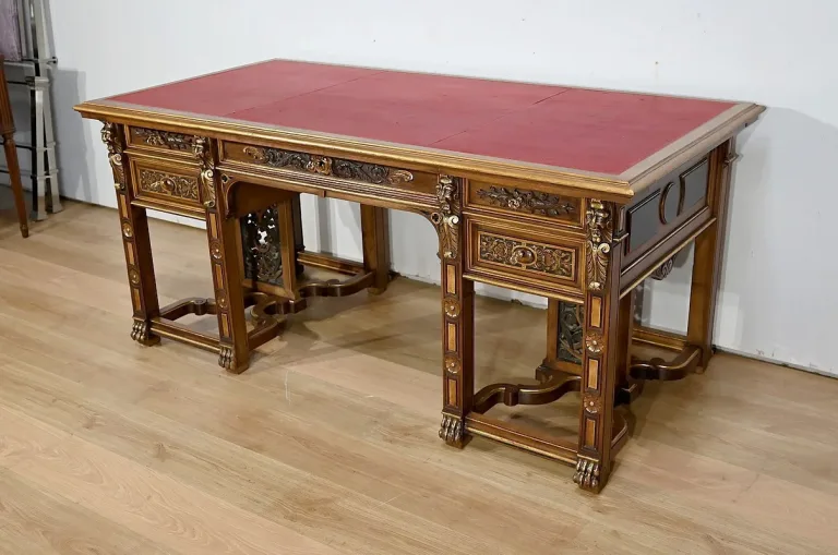 Rares Cabinet de Travail et Bureau en Noyer, Renaissance Italienne - 1900