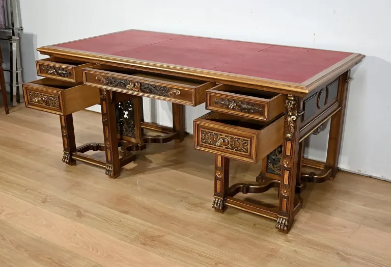 Rares Cabinet de Travail et Bureau en Noyer, Renaissance Italienne - 1900