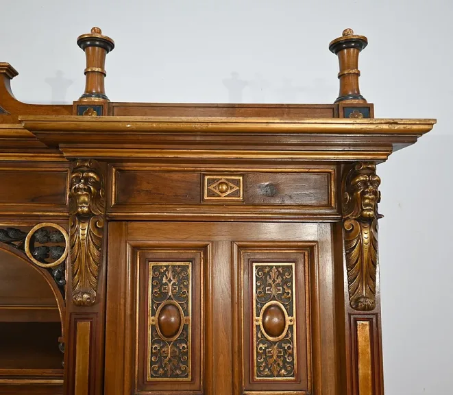 Rares Cabinet de Travail et Bureau en Noyer, Renaissance Italienne - 1900