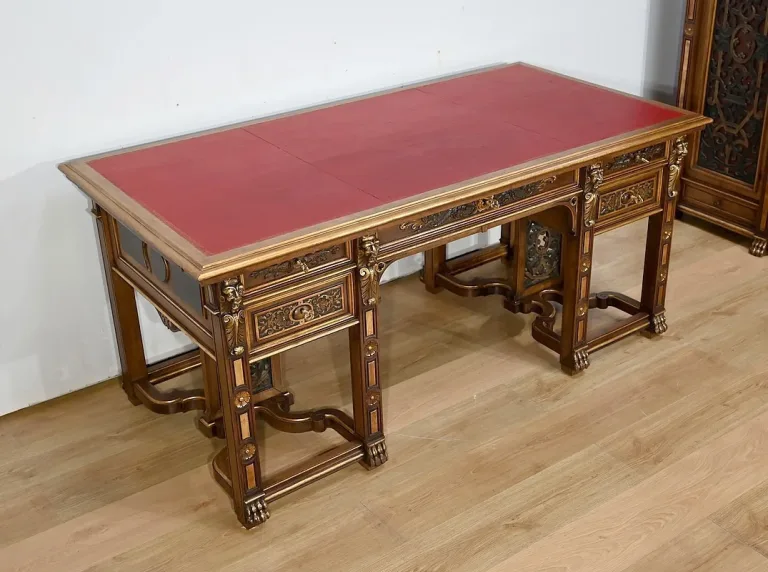 Rares Cabinet de Travail et Bureau en Noyer, Renaissance Italienne - 1900