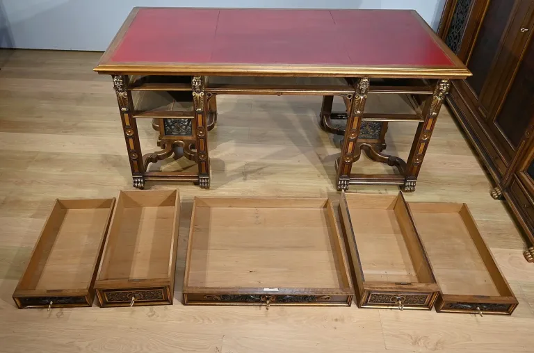 Rares Cabinet de Travail et Bureau en Noyer, Renaissance Italienne - 1900