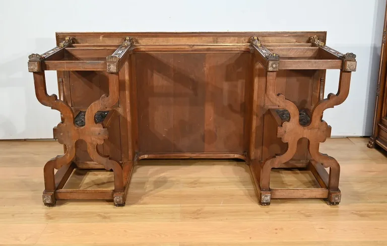 Rares Cabinet de Travail et Bureau en Noyer, Renaissance Italienne - 1900