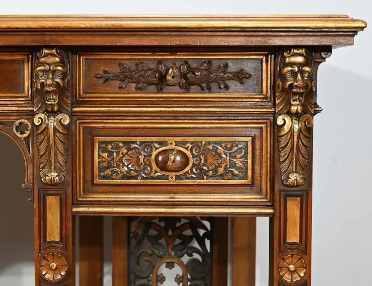 Rares Cabinet de Travail et Bureau en Noyer, Renaissance Italienne - 1900