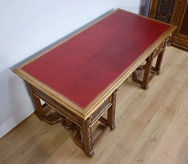 Rares Cabinet de Travail et Bureau en Noyer, Renaissance Italienne - 1900