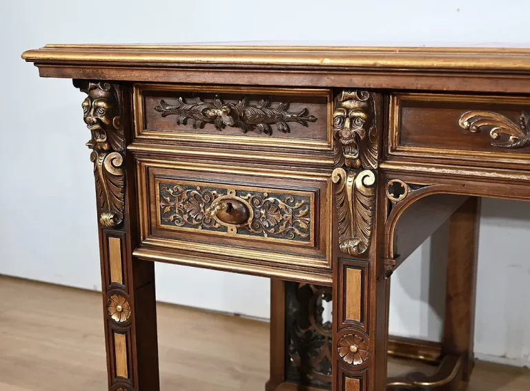 Rares Cabinet de Travail et Bureau en Noyer, Renaissance Italienne - 1900