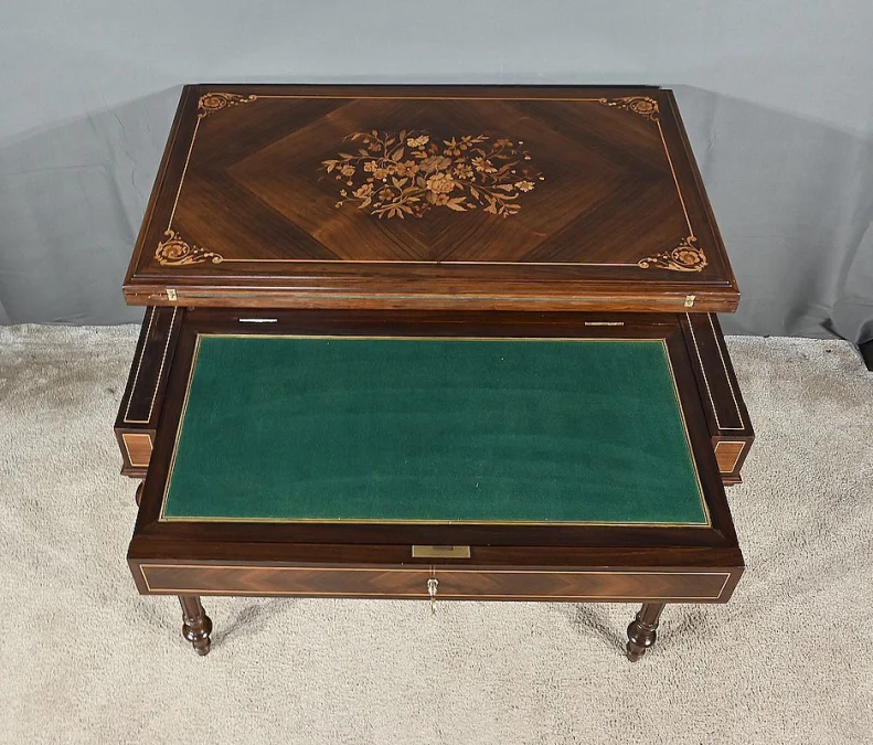 Table à Système en Marqueterie, style Louis XVI – 2ème moitié XIXe