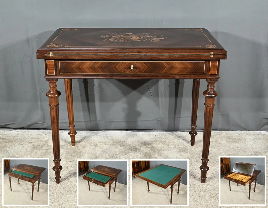 Table à Système en Marqueterie, style Louis XVI – 2ème moitié XIXe