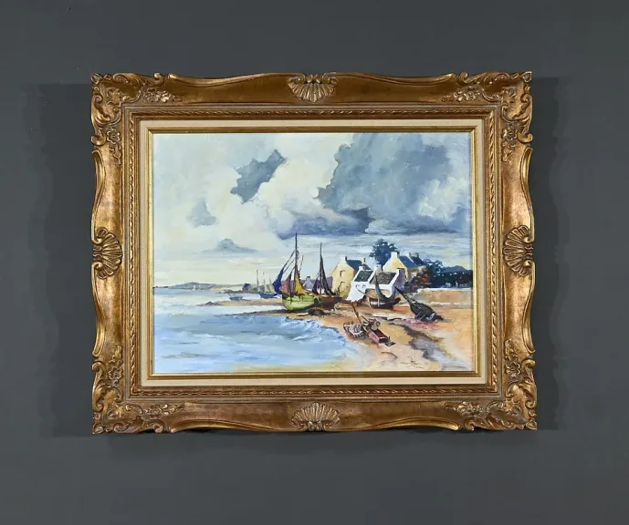 Peinture Marine « Littoral Breton », signée Marijane le Goaster – 1985