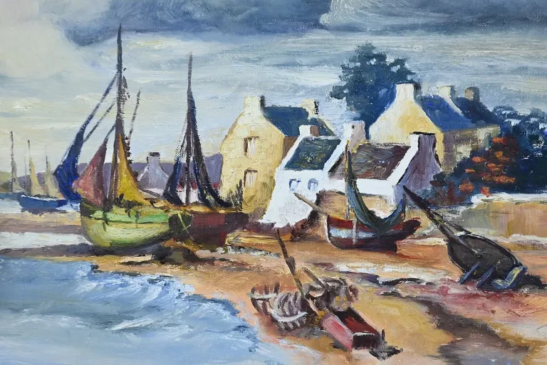 Peinture Marine « Littoral Breton », signée Marijane le Goaster – 1985