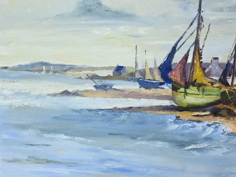 Peinture Marine « Littoral Breton », signée Marijane le Goaster – 1985