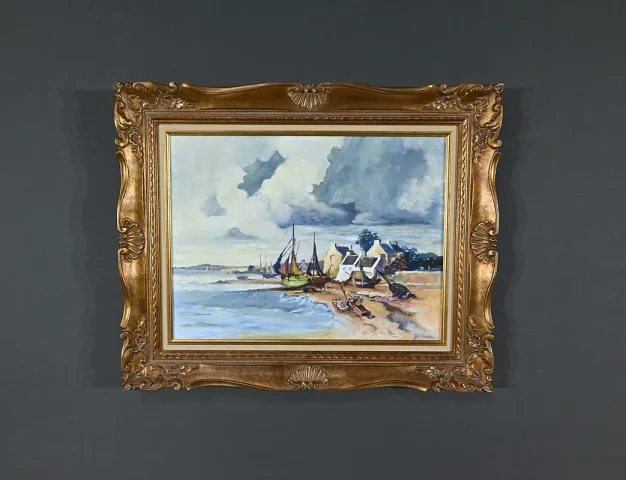 Peinture Marine « Littoral Breton », signée Marijane le Goaster – 1985