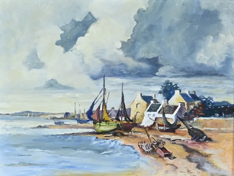 Peinture Marine « Littoral Breton », signée Marijane le Goaster – 1985