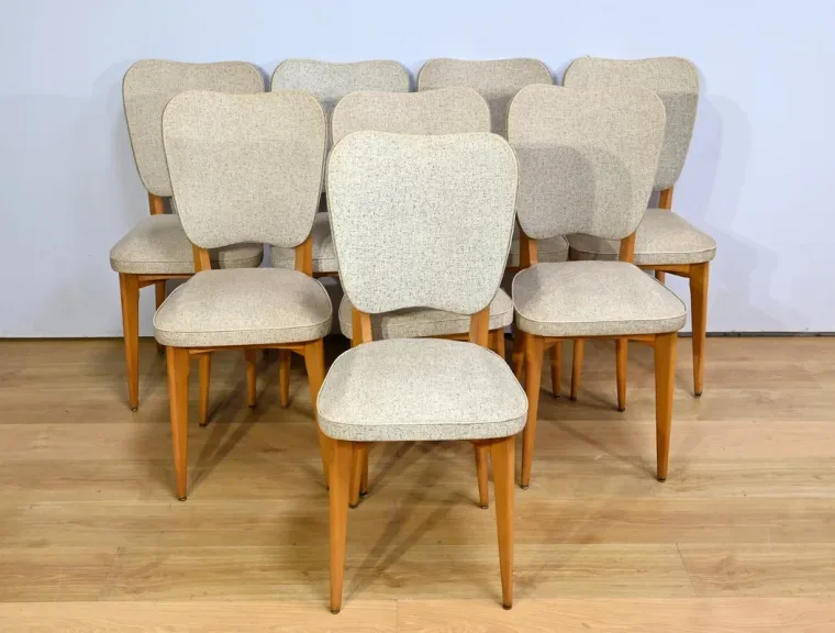 Suite de 6 Chaises en Hêtre et Simili Cuir – 1960