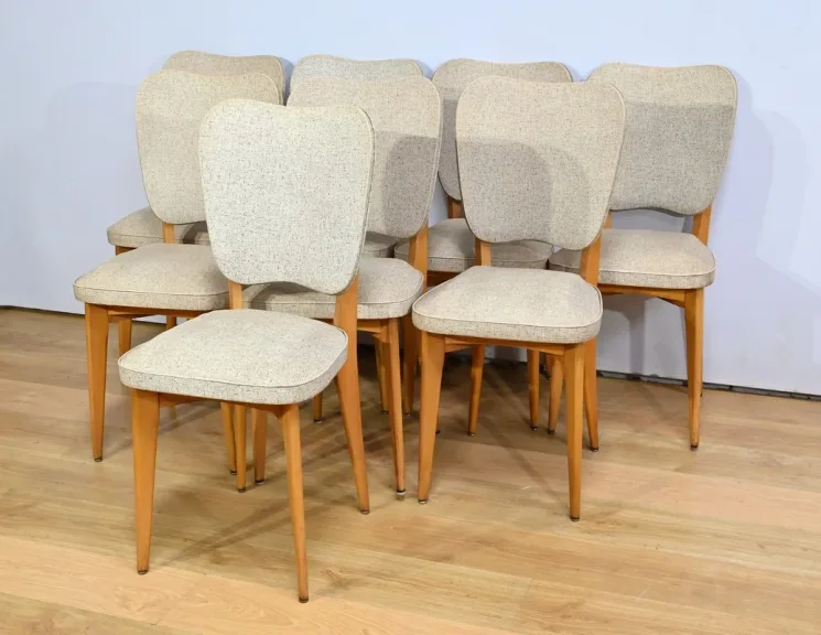 Suite de 6 Chaises en Hêtre et Simili Cuir – 1960