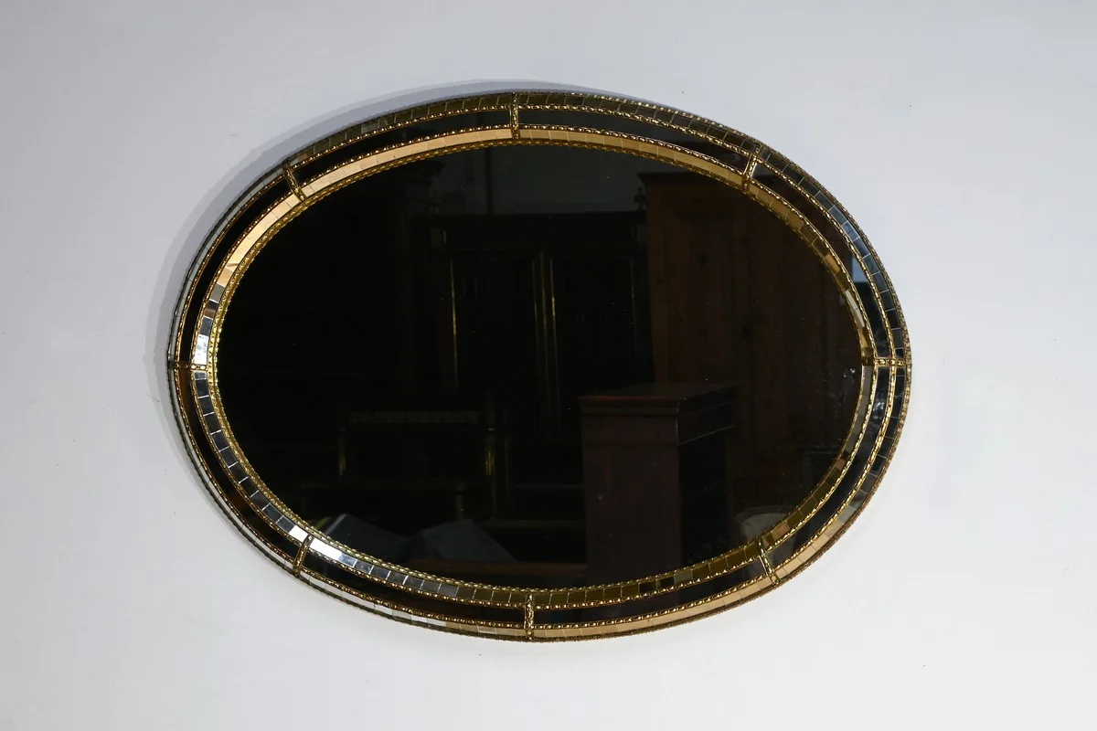 Miroir Ovale à Parclose en Laiton, style Hollywood Regency – 1970