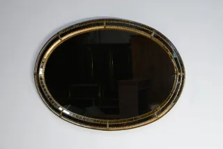 Miroir Ovale à Parclose en Laiton, style Hollywood Regency – 1970
