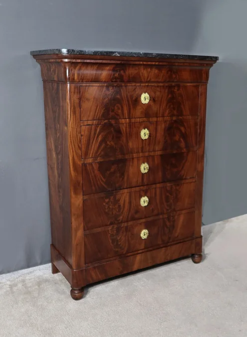 Chiffonnier en ronce d’acajou, époque Restauration – Début XIXe