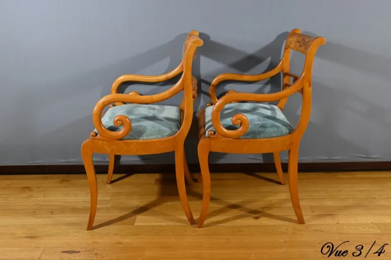 Paire de Fauteuils en Érable Moucheté, style Charles X – Milieu XXe