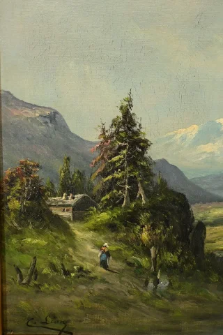 Huile sur toile « Paysage de Montagne » signée C. Lion – Fin XIXe