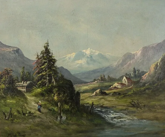 Huile sur toile « Paysage de Montagne » signée C. Lion – Fin XIXe