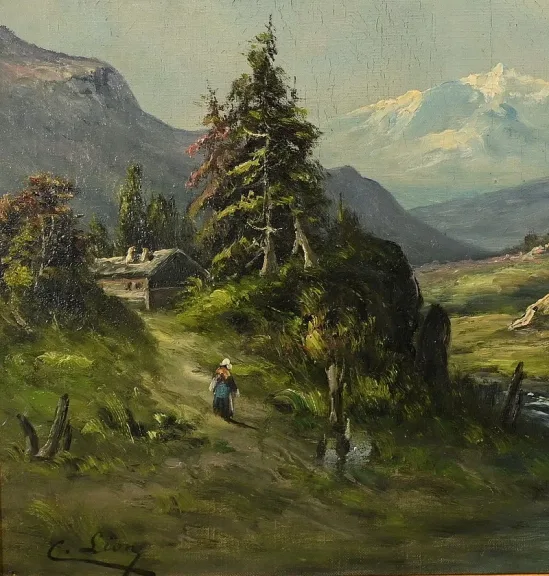 Huile sur toile « Paysage de Montagne » signée C. Lion – Fin XIXe