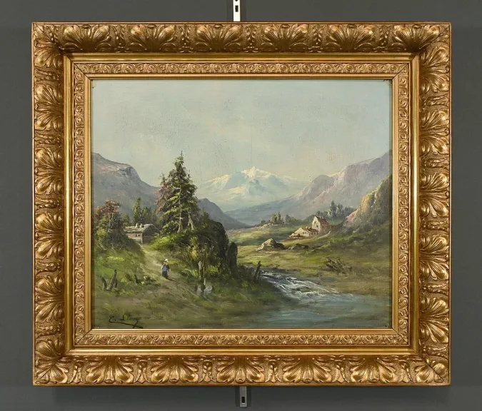 Huile sur toile « Paysage de Montagne » signée C. Lion – Fin XIXe