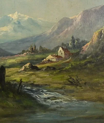 Huile sur toile « Paysage de Montagne » signée C. Lion – Fin XIXe