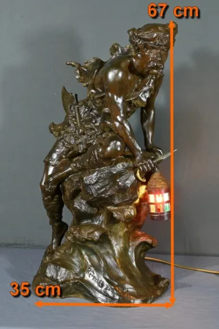 Important Régule monté en lampe « Pirate à l’affût », signé A. Foretay – Début XXe