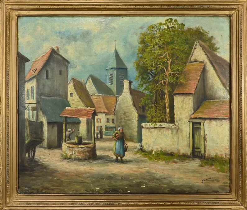 Tableau « Le Village » signé Delacour – Fin XIXe