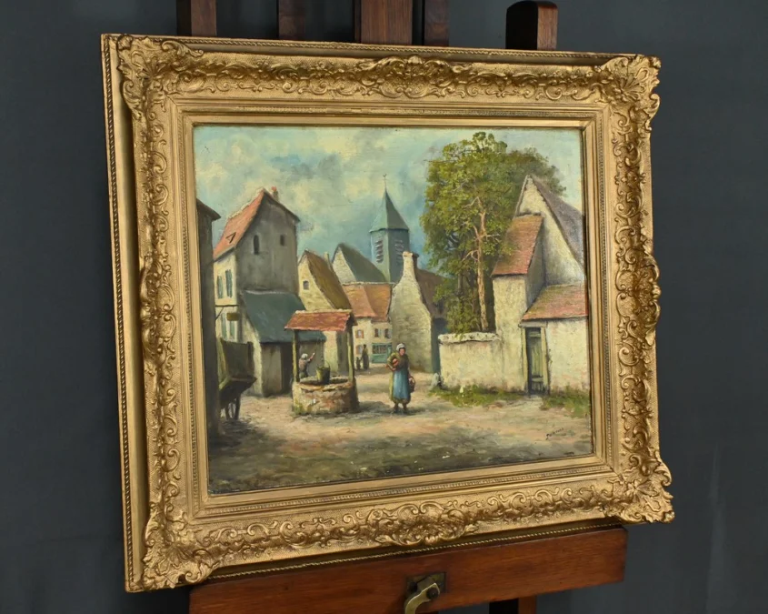 Tableau « Le Village » signé Delacour – Fin XIXe