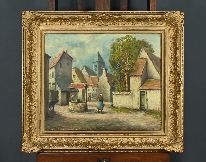 Tableau « Le Village » signé Delacour – Fin XIXe