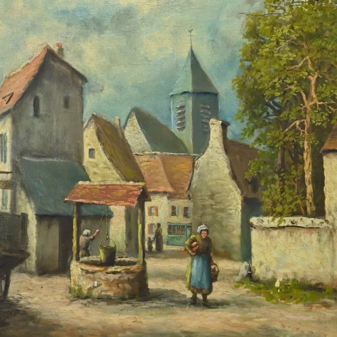 Tableau « Le Village » signé Delacour – Fin XIXe