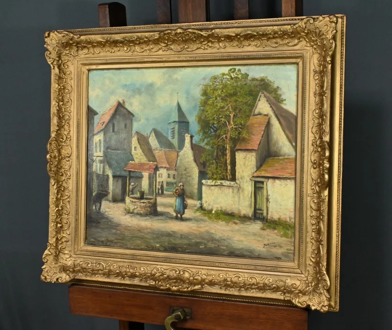 Tableau « Le Village » signé Delacour – Fin XIXe