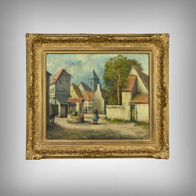 Tableau « Le Village » signé Delacour – Fin XIXe