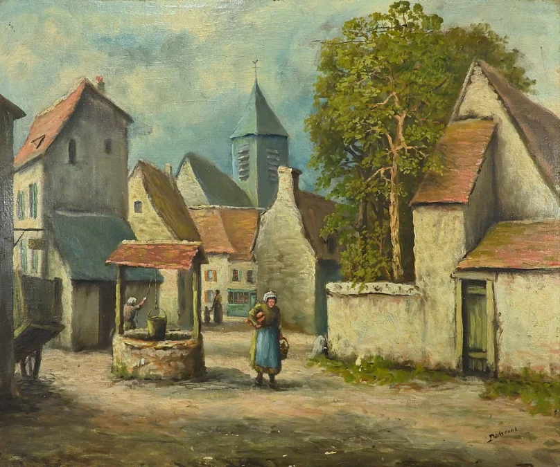 Tableau « Le Village » signé Delacour – Fin XIXe