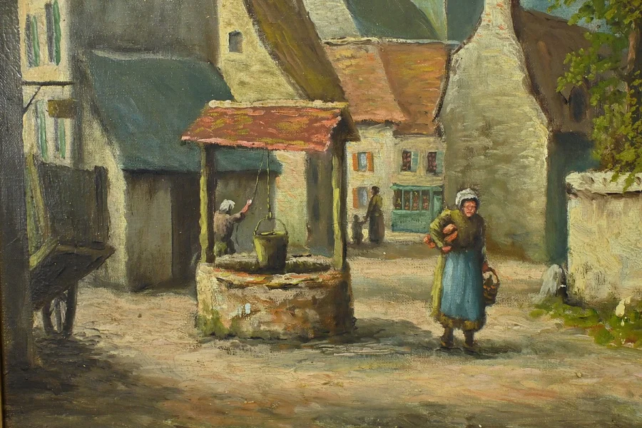 Tableau « Le Village » signé Delacour – Fin XIXe