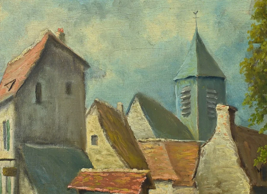 Tableau « Le Village » signé Delacour – Fin XIXe